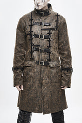 Brauner Steampunk Patch Herren Langer Ledermantel